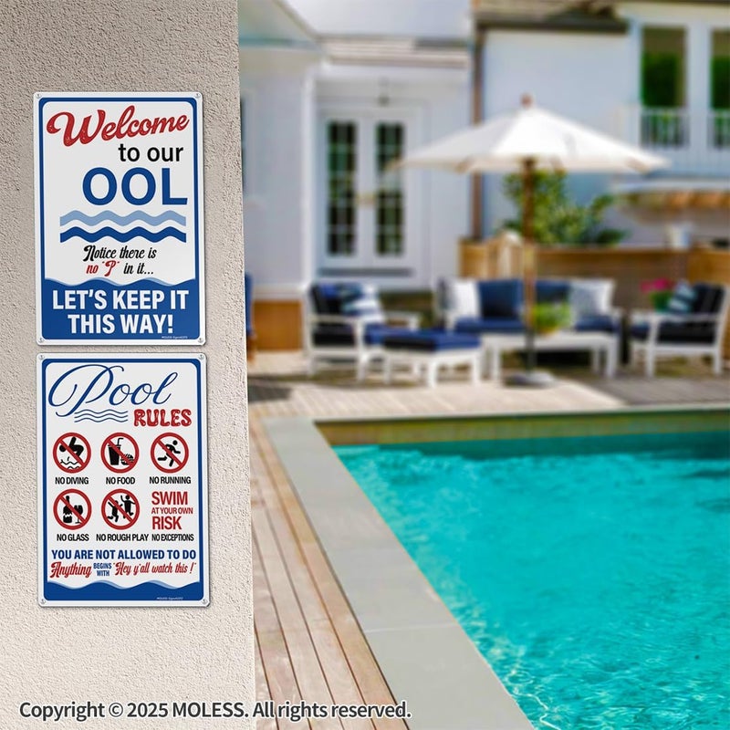 MOLESS 2 Pack Pool Signs – 12x8 Inch Welcome To Our Ool & Funny Pool Rules Sign Safety, Durable 0.040 Aluminum, Easy to Mount, PSP-2401 - Image 3